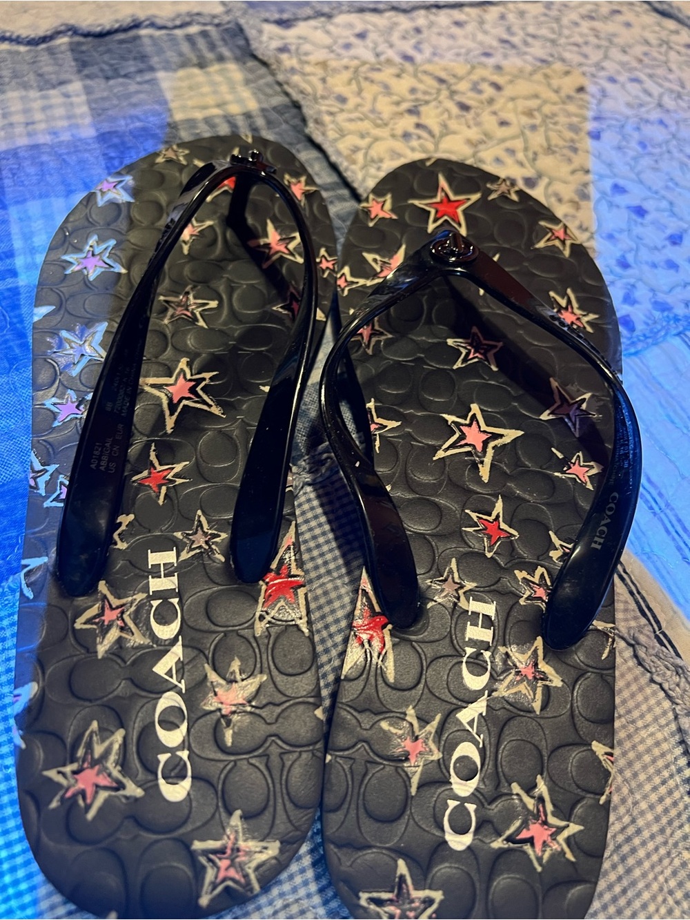 Coach Black Flip Flops with Pink and White Star Print - Picture 4 of 6